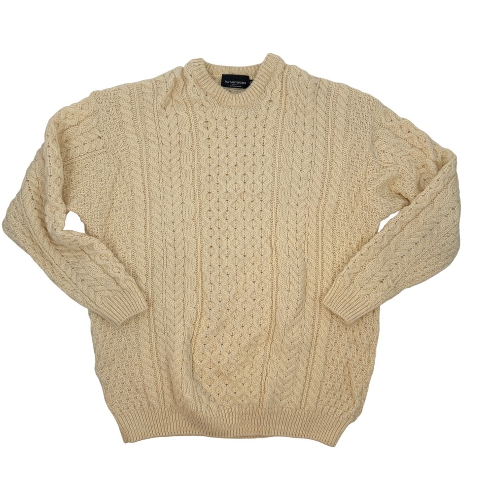 Rue Saint-Patrick Mens XXL Cream 100% Wool Cable Knit Aran Sweater Ireland Made